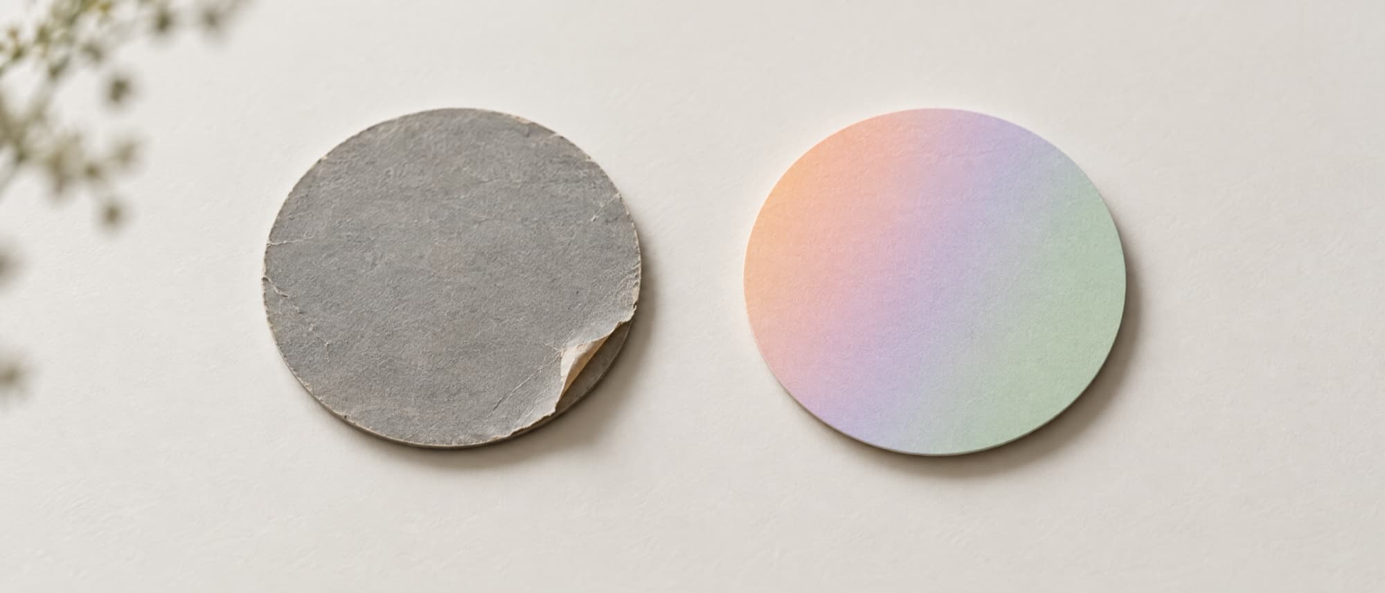 Dois emblemas circulares lado a lado: um desgastado e cinza, outro com a identidade renovada em gradiente pastel