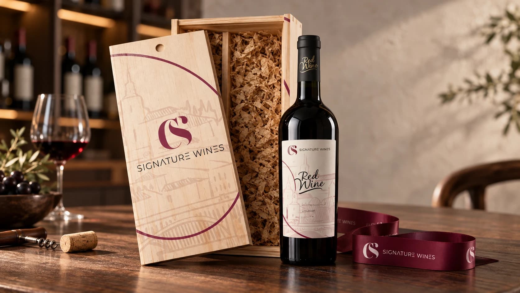 Garrafa e caixa de vinho da Signature Wines